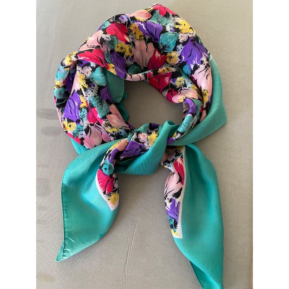 Vintage Silk Scarf Floral 30” Square Turquoise Purple Tie-dye Border Multicolor